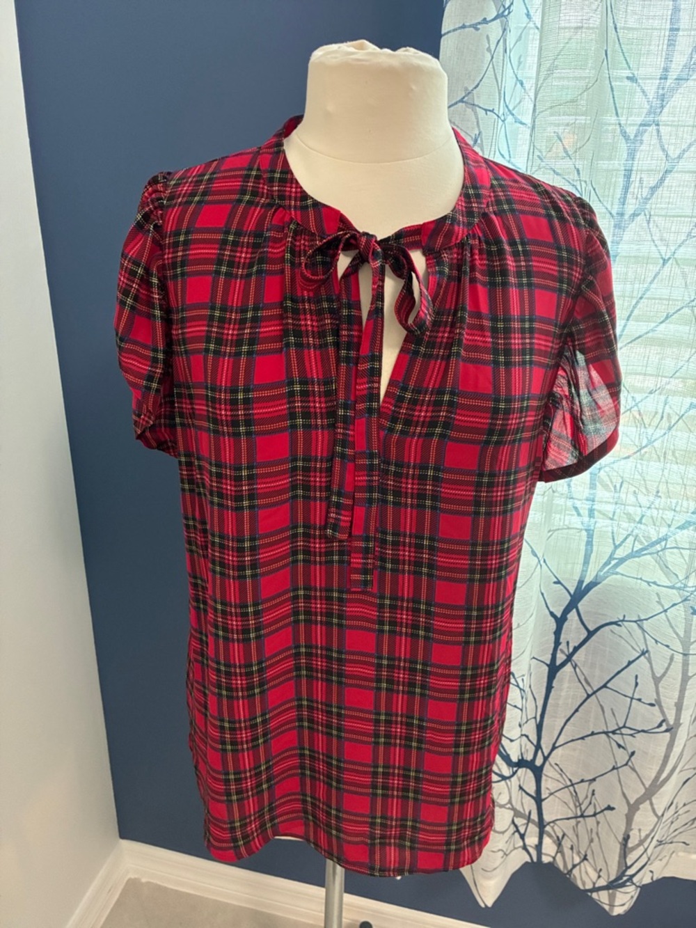 Tommy Hilfiger Red Plaid Tie-Neck Top